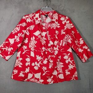 Talbots Faux Wrap Top Womens 20W Red White Floral‎ 3/4 Sleeve Artsy Boho Maximal